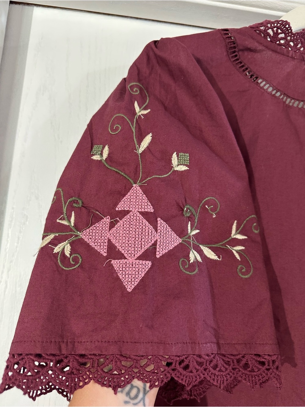 Women’s Embroidered Lace-Up Blouse - Burgundy - Picture 4 of 4